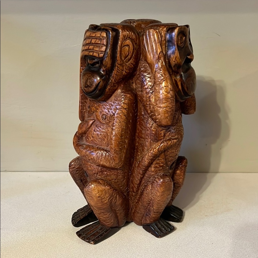 Hand Crafted wooden Monkey Sculpture no evil see no evil speak no evil Art